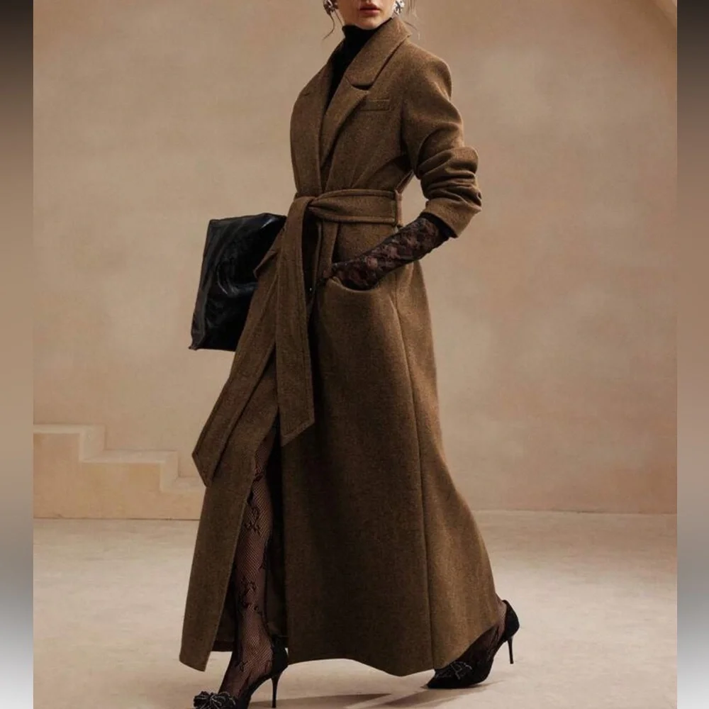 Luxury Long Pea Coat Belted Jacket dark Brown - Picture 2 of 13